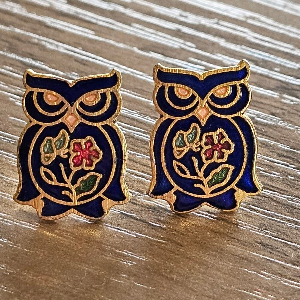 Vintage Navy Blue Cloisonne Owl Stud Earrings